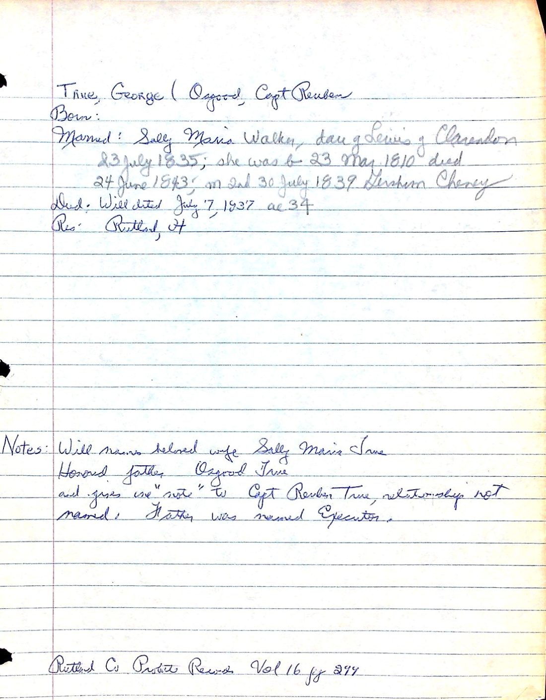 TRUE, George (d. 1837 Rutland) - WALKER Probate
